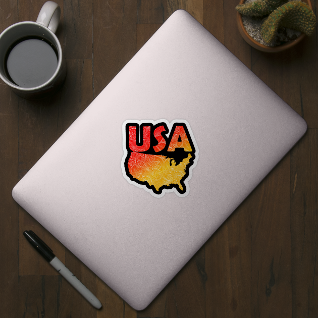 Colorful mandala art map of the United States of America with text in red and orange by Happy Citizen